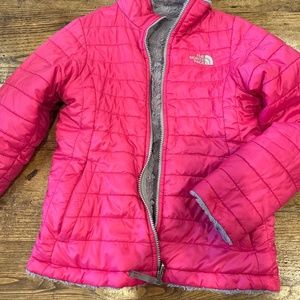 Reversible hot pink / fuzzy grey jacket